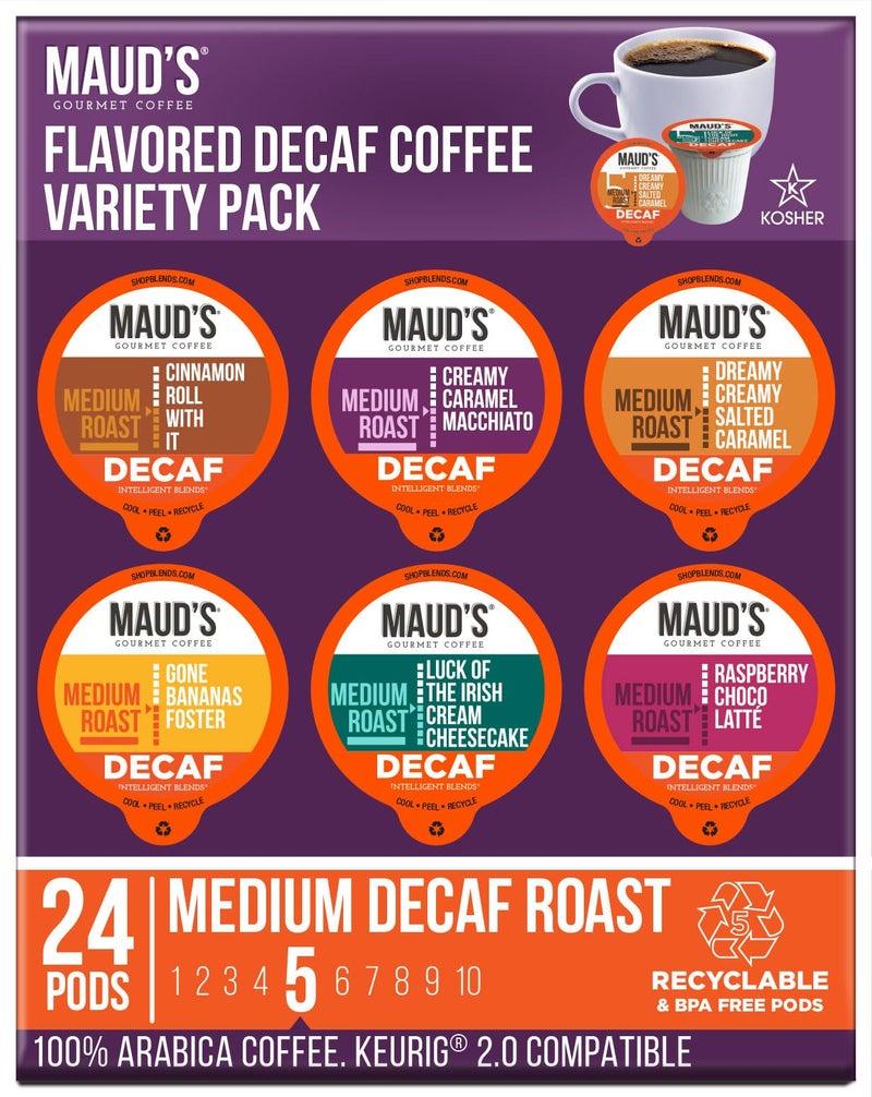 Maud's Flavored Decaf Coffee Pods Variety Pack, 24 ct, 6 Assorted Roasts & Flavors, Decaf Medium Roast Coffee in Recyclable Single Serve Pods - 100% Arabica Coffee, Compatible with Keurig K Cups Maker - Image 1